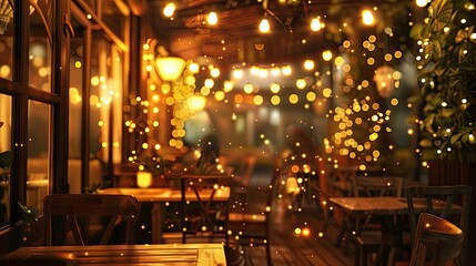 Wall Mural - lofi background showing a cozy café scene at dusk with softly glowing lights and blurred wood textur