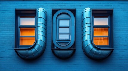 A modern blue wall featuring three uniquely shaped windows with warm lighting.