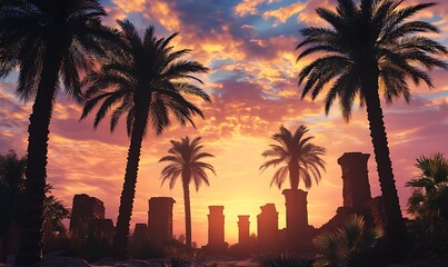 Poster - Silhouette of Palm Trees and Ancient Ruins at Sunset