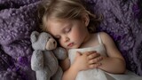 little girl sleeping on a purple fur rug with her teddy bear, wearing a white dress, in a studio setting with a close-up shot, soft lighting, and a dreamy atmosphere