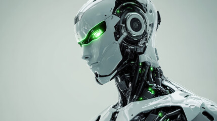 A robot with green eyes and a white body