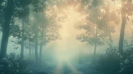 Poster - Lofi backdrop of a misty forest path with soft pastels and blurred tree textures creating a peaceful serene background