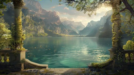 Wall Mural - Renaissance backdrop depicting a peaceful lake and majestic mountains under natural light with lush foliage blending harmoniously