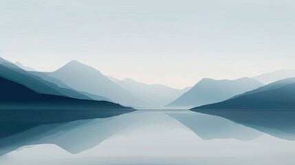 Wall Mural - Minimalism wallpaper of a serene lake with clean lines soft gradients and smooth simple mountain shapes in the background