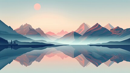 Poster - Bauhaus background featuring a tranquil lake clean geometric shapes and sleek minimal mountain lines with subtle color contrasts