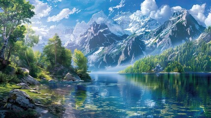 Wall Mural - Mannerism background with elegant forms showing a serene lake forests and snow-capped mountains under a bright sky