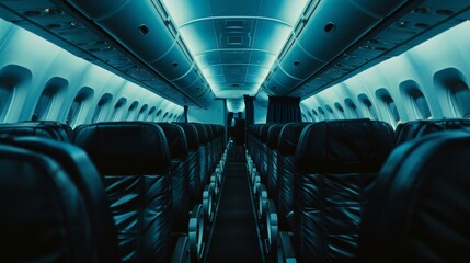 Poster - An empty airplane cabin, with rows of seats illuminated by soft, blue ambient lighting, evokes a serene and calm in-flight experience.