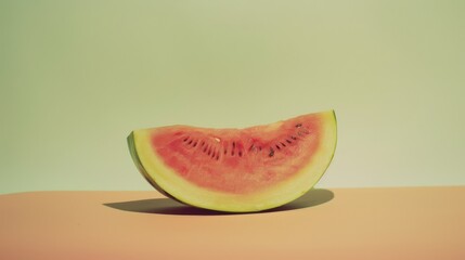 Sticker - A slice of red watermelon sits elegantly on a minimalist, two-tone background with soft gradients, emphasizing its juicy texture and simplicity.