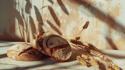 Three rustic loaves of bread on a sunlit surface with wheat stalks, creating a warm, inviting, country kitchen ambiance.