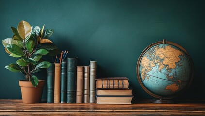 Poster - Books, Globe, and Plant on Wooden Shelf