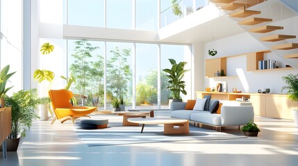 Wall Mural - Modern Living Room with Large Windows and Wooden Stairs.