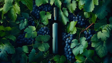 Poster - A bottle of wine nestled among lush green grape leaves and ripe, purple grapes, exuding a sense of rustic tranquility.