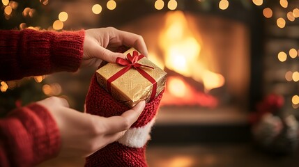 Wall Mural - Hands Placing a Gift Box in a Stocking: A close-up of hands slipping a small gift box into a Christmas stocking, with a fireplace in the background.
