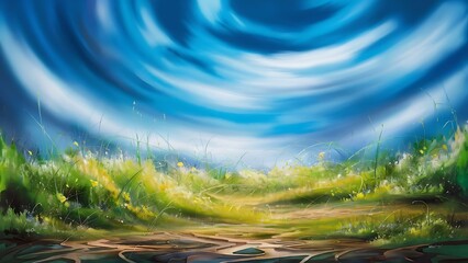 Wall Mural - Abstract blurred blue sky, meadow and ground background.