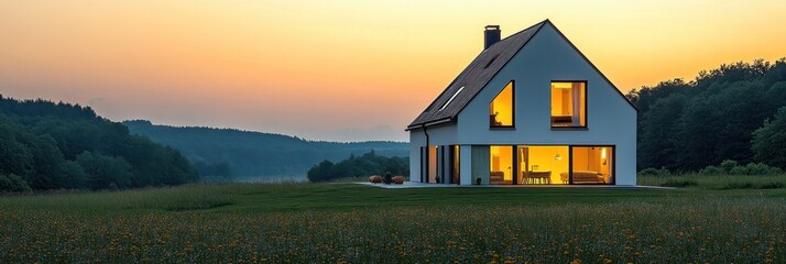 Poster - Modern House on a Hilltop at Sunset