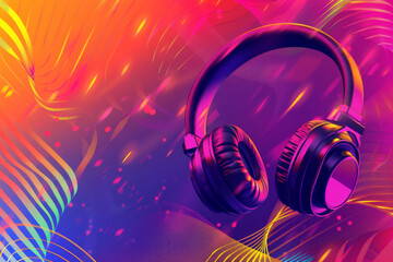 Glossy headphones on backdrop of abstract, colorful waves in orange, purple, and pink hues with copy space.