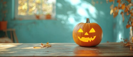 Wall Mural - A pumpkin with a smiley face on it sits on a table