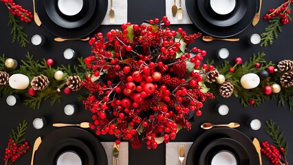 Top view of copy space on black tabletop with christmas decorative berries