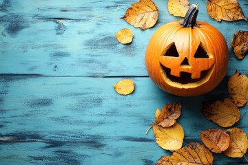 Wall Mural - A pumpkin with a smiley face on it sits on a table with autumn leaves