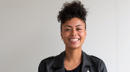 Wall Mural - portrait of a smiling mixed-race woman with short, curly hair wearing a black leather jacket, standing against a white background, detailed facial features, soft lighting, professional studio style