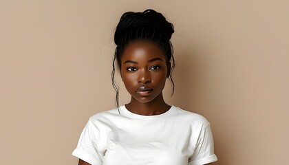 Contemporary portrait of a young attractive African woman in a white t-shirt against a soft beige background for mock-up presentation