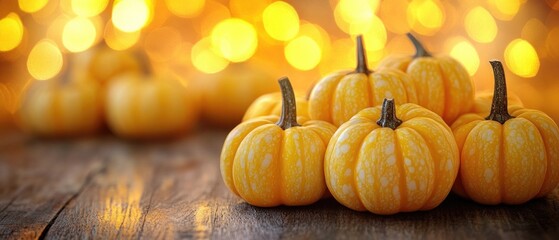 Wall Mural - A bunch of orange pumpkins are arranged on a wooden table