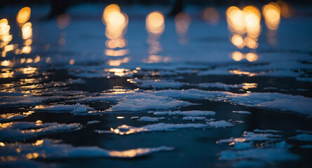 Poster - Christmas lights reflecting in frozen pond background