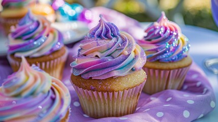 enchanting galaxy-themed cupcakes with blue and purple frosting, set against a pastel pink backgroun