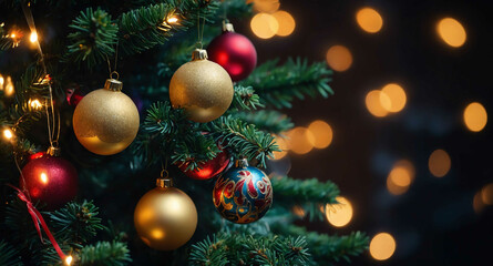 Poster - Christmas tree with glowing ornaments background