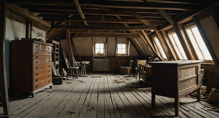 Cobwebbed attic filled with old furniture background