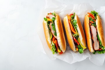 Sticker - Overhead view of three banh mi sandwiches with grilled pork peppers and salad in paper on white surface Includes space for text