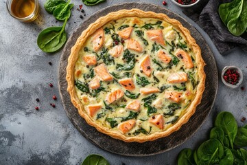 Poster - Overhead view of salmon quiche with spinach and cheese on stone board