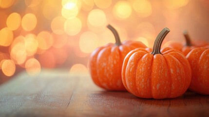 Wall Mural - Three orange pumpkins are sitting on a wooden table