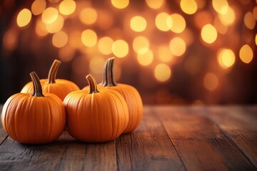 Wall Mural - Four pumpkins are sitting on a wooden table