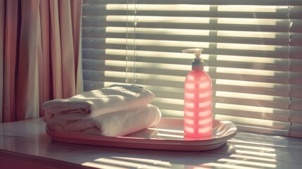 Canvas Print - Sunlight filters through blinds onto a pink bottle and folded white towels in a serene bathroom scene.