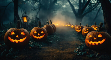 Creepy pumpkins glowing mist abstract background