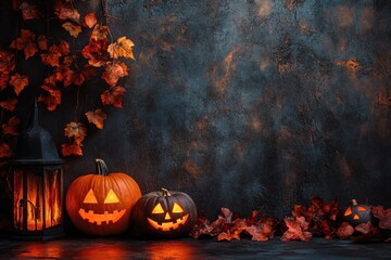 Wall Mural - A black background with orange pumpkins and leaves