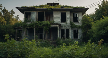 Canvas Print - Abandoned house with overgrown garden background