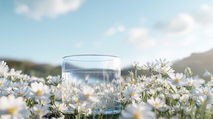 Wall Mural - glass of water in a field of daisies