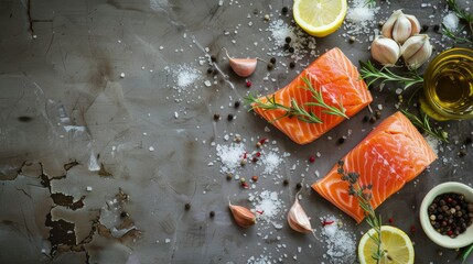 Wall Mural - Fresh salmon fillets garnished with rosemary, peppercorns, and lemon slices on a rustic grey surface.