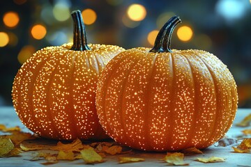 Wall Mural - Two pumpkins with glitter on them sit on a table