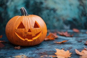 Wall Mural - A pumpkin with a smiley face carved into it sits on a table