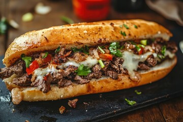 Poster - Philly cheese steak sandwich with toppings on table Popular street food