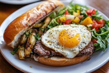 Canvas Print - Philly Cheese Steak with salad and egg