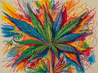 Wall Mural - Mixed media drawing of a cannabis leaf with colorful sketches in the background