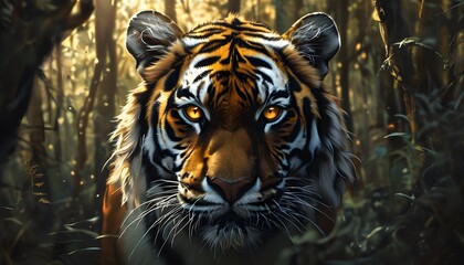 Intense gaze of a ferocious tiger illuminated by dappled sunlight in a lush forest setting