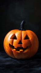 Wall Mural - A pumpkin with a black stem and a black eye is sitting on a black background