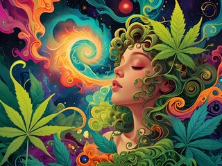 Wall Mural - Portrait of Mary Jane with a psychedelic colorful vivid background