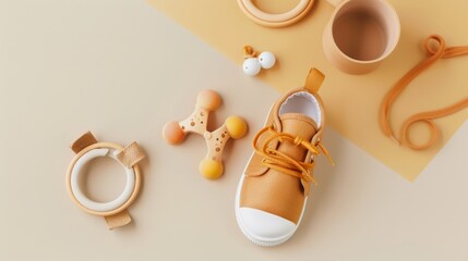 A flat lay photo of an orange baby shoe and soft toy accessories on a beige background, capturing the essence of babyhood with a warm and gentle tone.