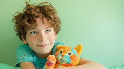 young boy with blue eyes and brown curly hair sitting on a bed, holding a colorful plush toy cat, close-up portrait with light green background, studio lighting, and high-resolution photography